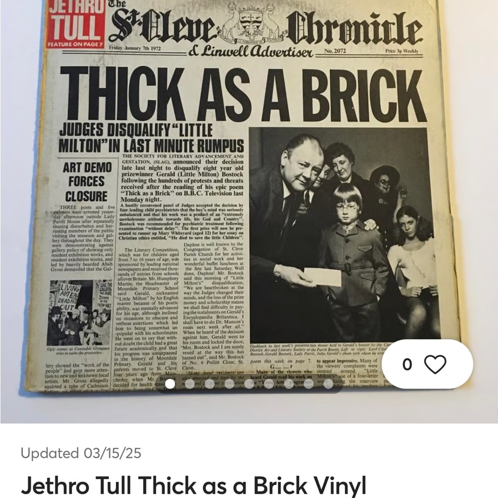 Jethro Tull Thick as a Brick Vinyl
